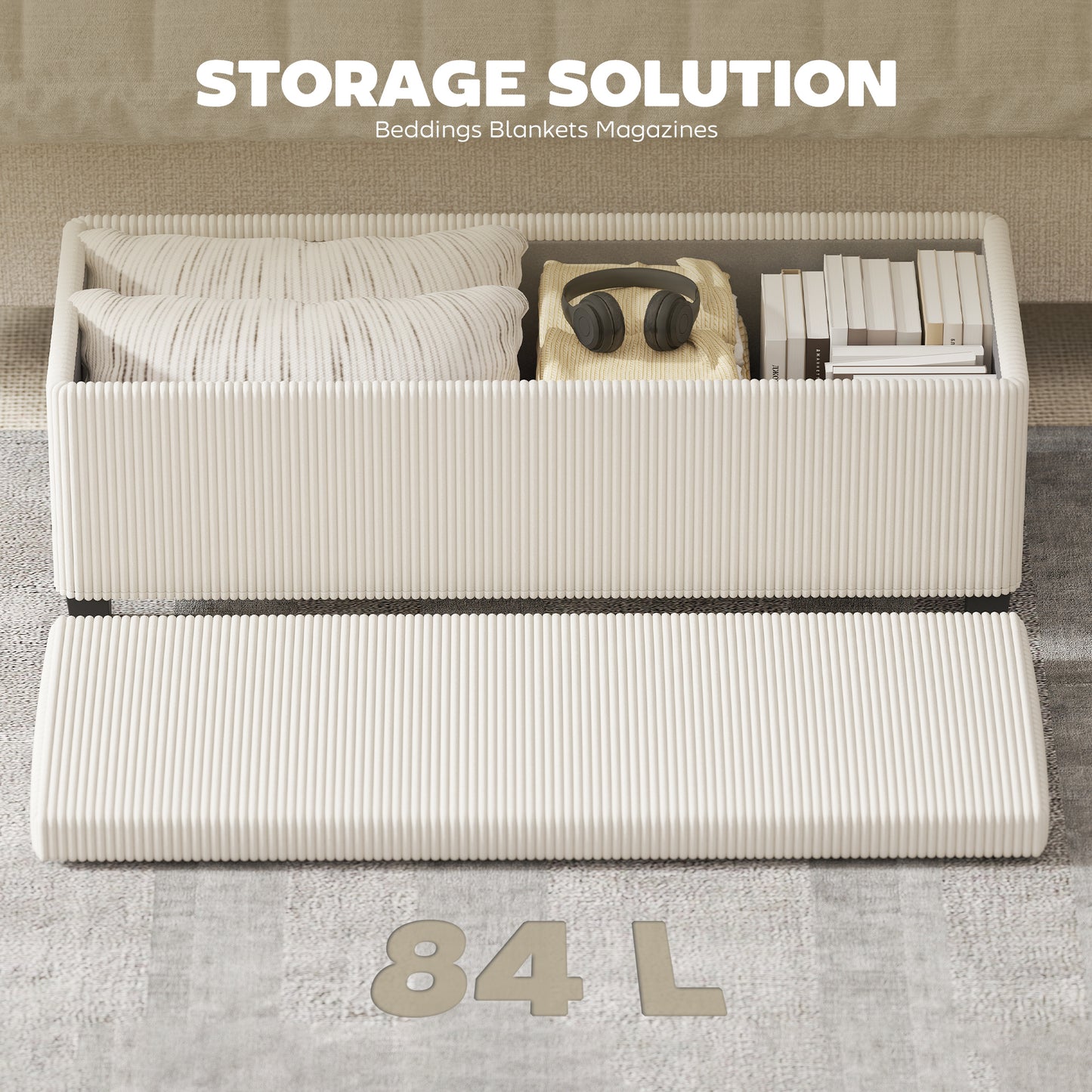Storage Ottoman Bench, Corduroy Storage Chest Box with Wooden Legs, 112cm Bed End Bench for Living Room, Bedroom, Entryway