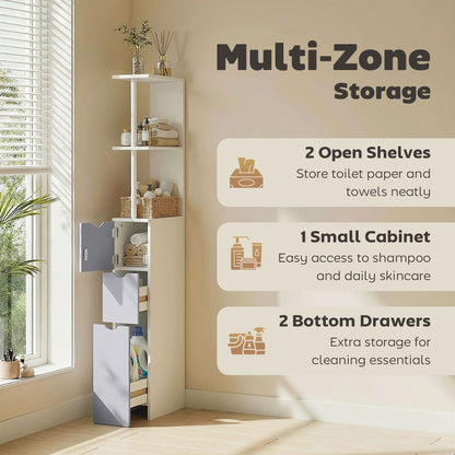Tall Bathroom Cabinet, Freestanding Slim Bathroom Storage Cabinet with 2-Tier Open Shelf and 2 Drawers for Small Space