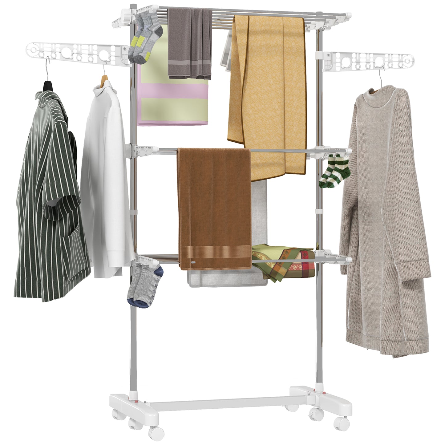 3-Tier Clothes Airer, Stainless Steel Foldable Clothes Drying Rack with Wheels and Wings, Indoor and Outdoor, Easy Assembly