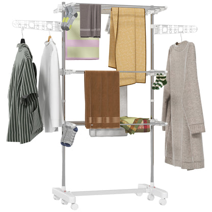 3-Tier Clothes Airer, Stainless Steel Foldable Clothes Drying Rack with Wheels and Wings, Indoor and Outdoor, Easy Assembly