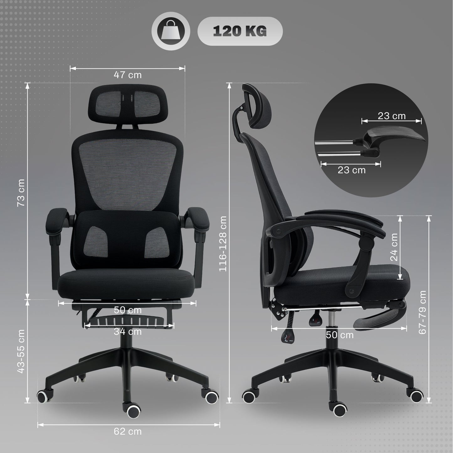 Ergonomic Office Chair, Mesh High Back Desk Chair with Adjustable Lumbar Support and Headrest, Footrest