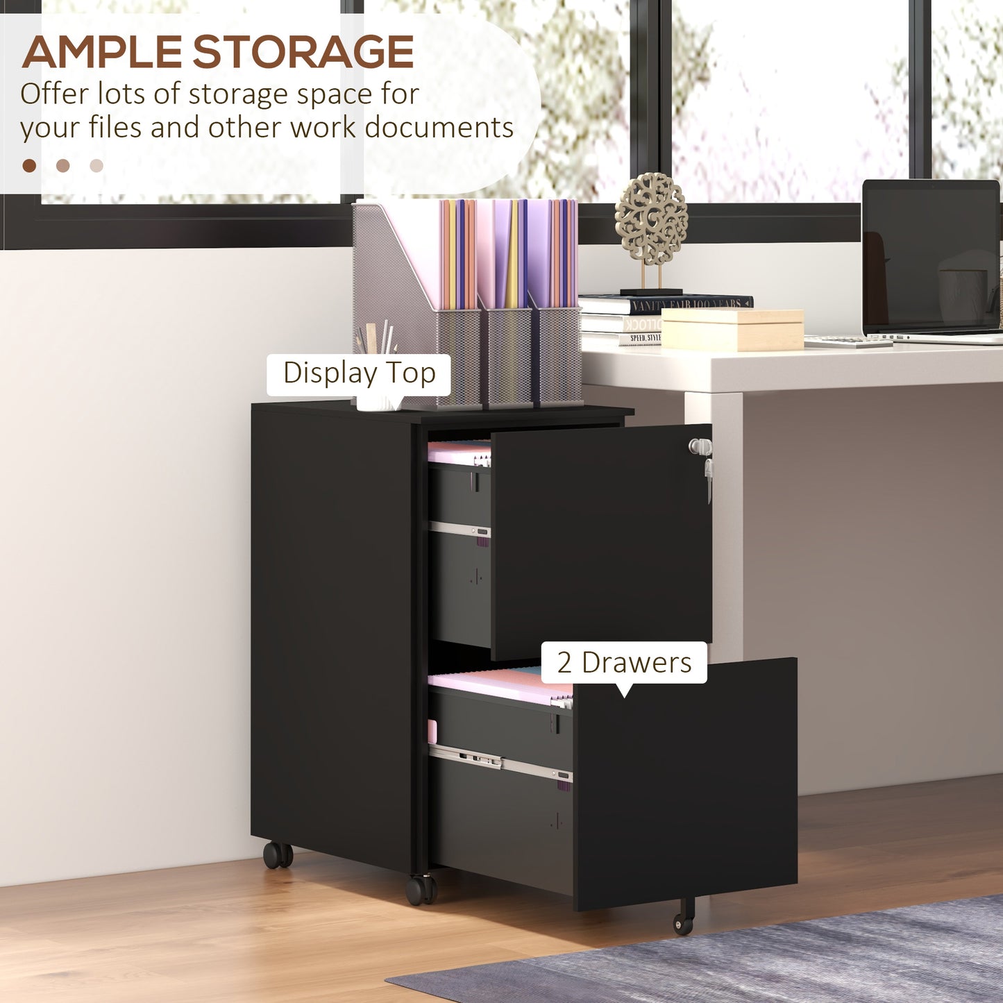 2-Drawer Filing Cabinet with Lock and 5 Wheels, Steel Mobile File Cabinet, for A4, Legal and Letter Size, Pre-Assembled Body