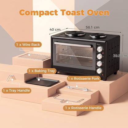 46L Mini Oven with Dual Hot Plates, Electric Countertop Cooker with Convection, 90–230°C Adjustable Temperature