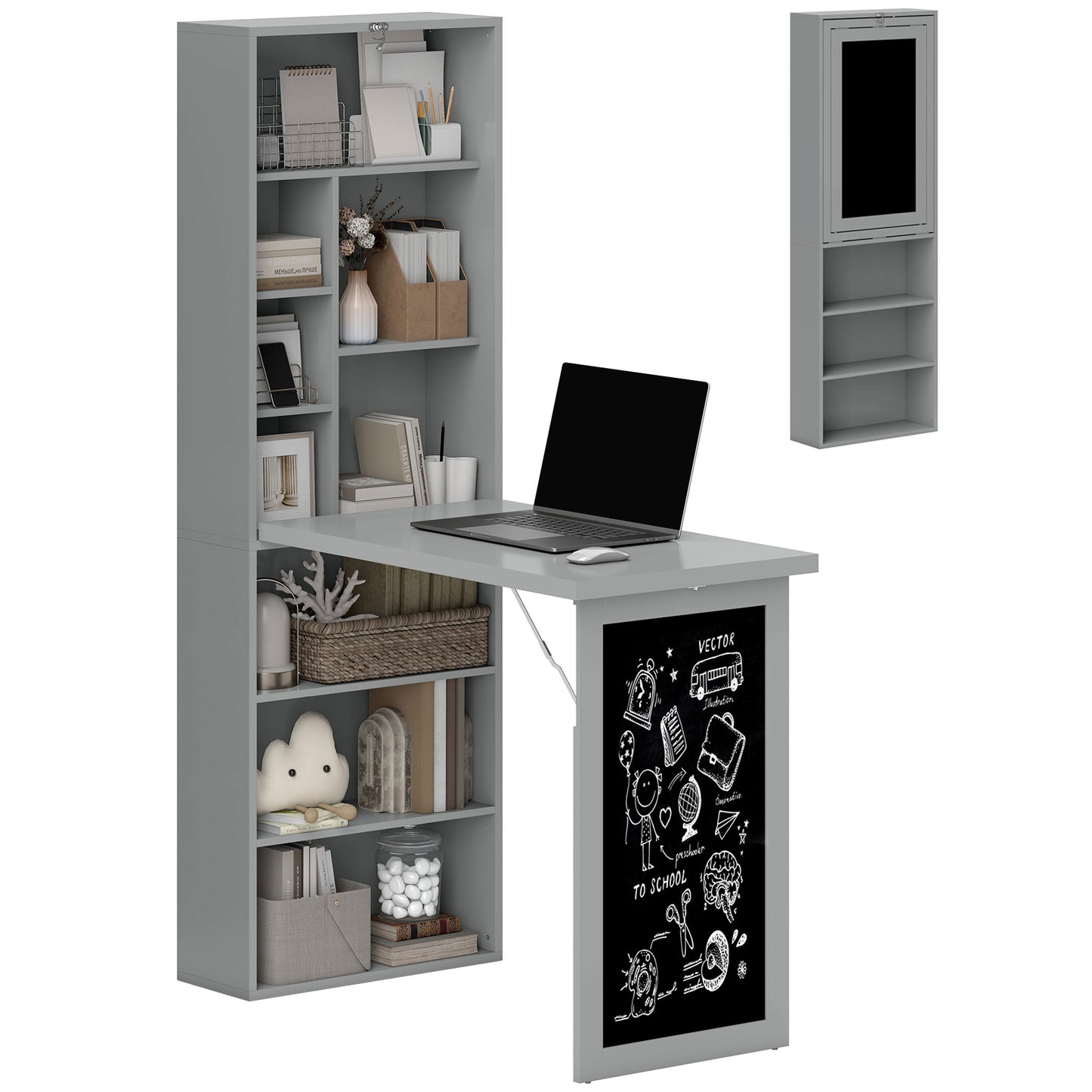 Folding Convertible Desk with Blackboard Multi-function Computer Office Workstation Side Shelf, Grey