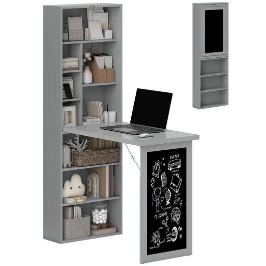 Folding Convertible Desk with Blackboard Multi-function Computer Office Workstation Side Shelf, Grey