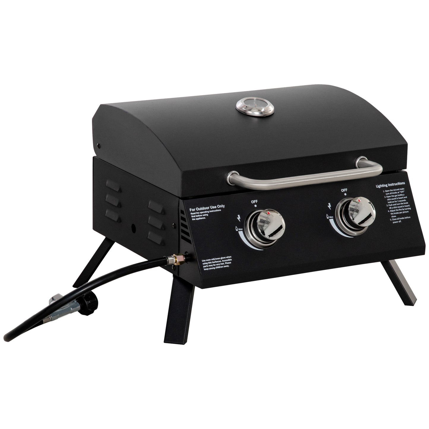 2 Burner Gas BBQ Grill, 5.8 kW Outdoor Portable Folding Tabletop Barbecue w/ Lid, Thermometer, Carbon Steel, Black