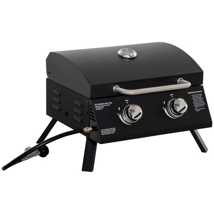 2 Burner Gas BBQ Grill, 5.8 kW Outdoor Portable Folding Tabletop Barbecue w/ Lid, Thermometer, Carbon Steel, Black