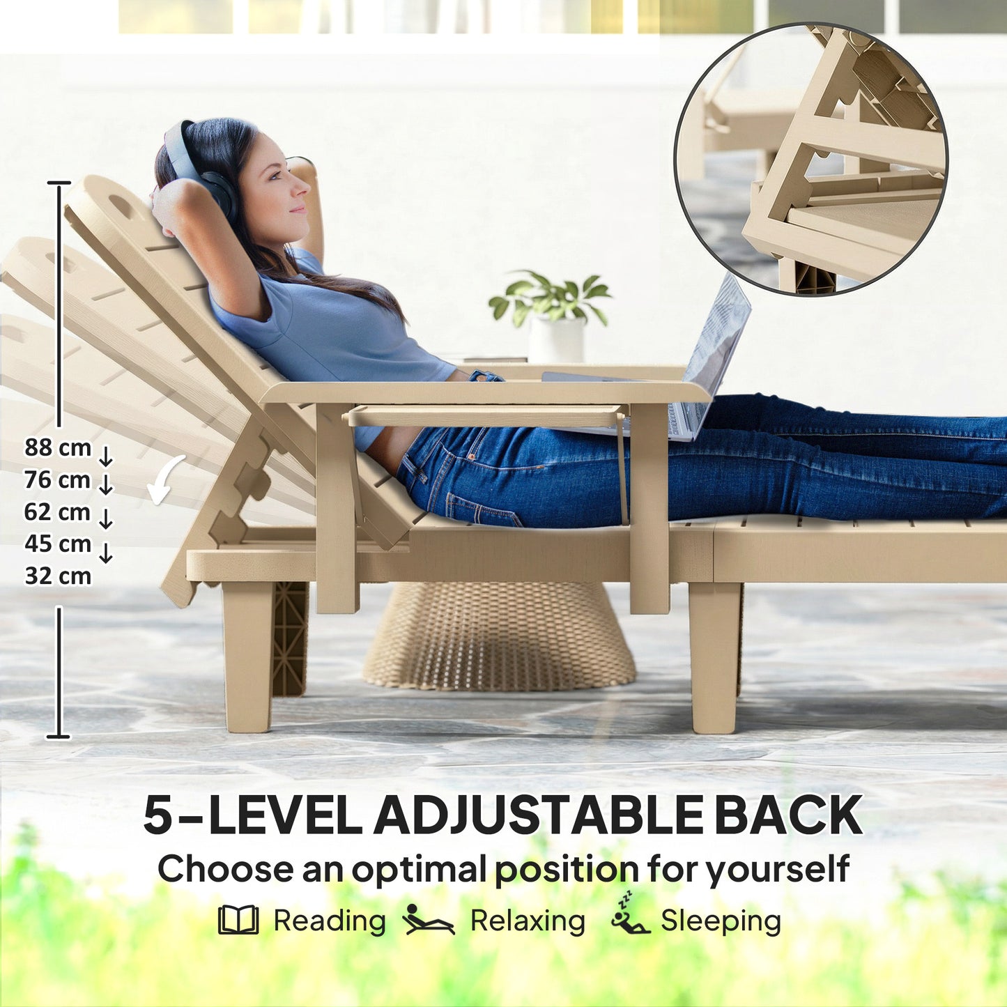 Set of 2 Reclining Sun Loungers, 5 Positions Adjustable Outdoor Chaise Lounge Chair with Armrests, Khaki