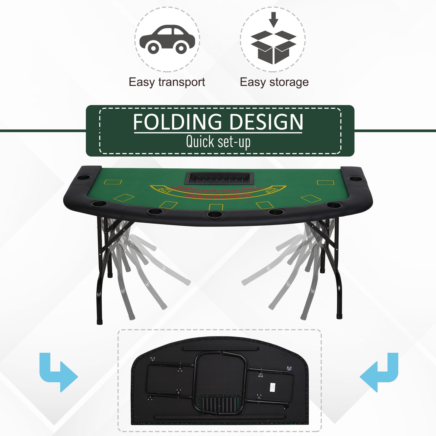 Poker Table, 7-Player Folding Blackjack Table with Chip Tray, Cup Holders, Padded Rails, 182 x 91 x 75 cm, Green