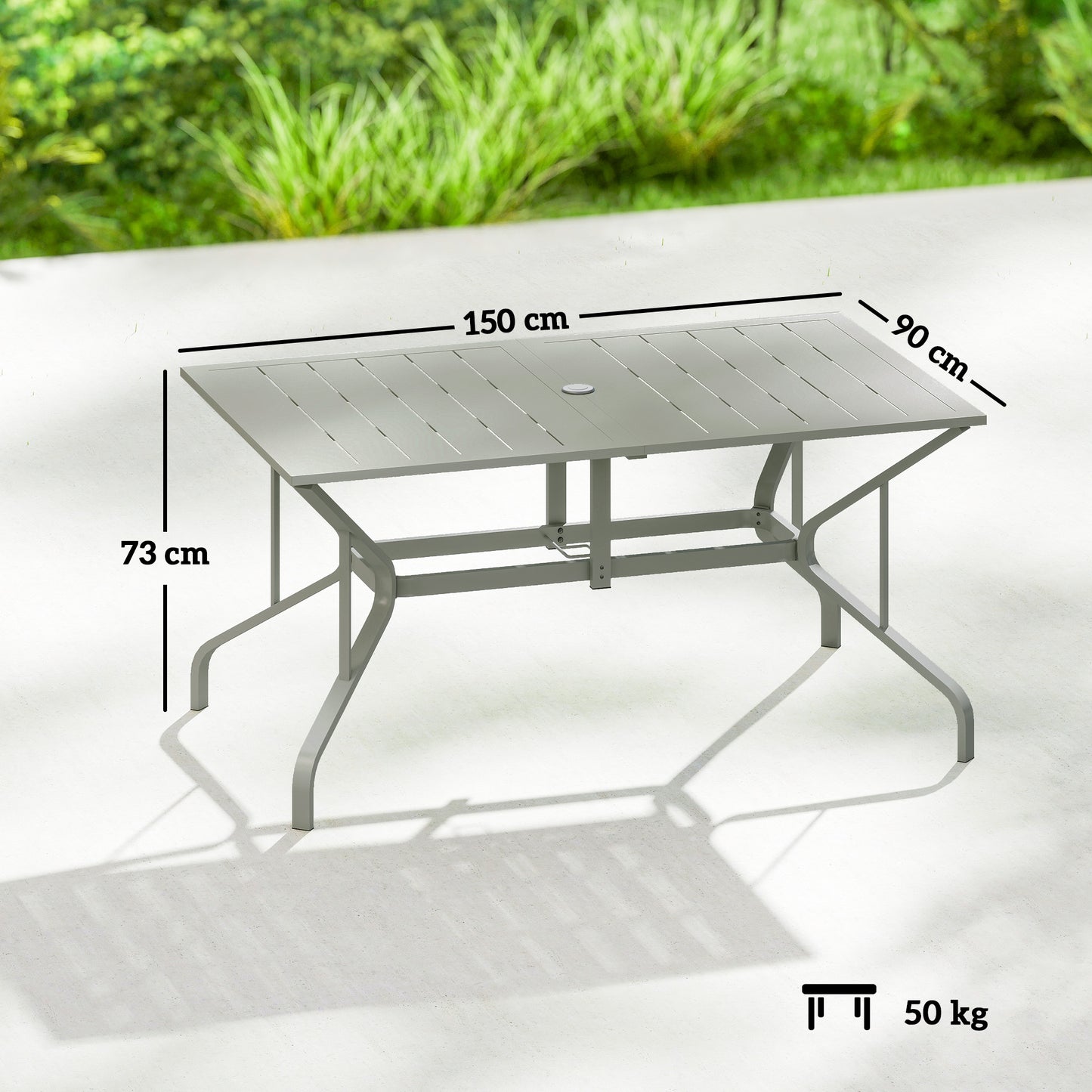 Rectangle Garden Table with Parasol Hole, Outdoor Dining Table for 6, Patio Table for Balcony, 150cm x 90cm, Light Grey