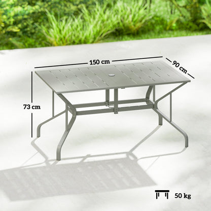 Rectangle Garden Table with Parasol Hole, Outdoor Dining Table for 6, Patio Table for Balcony, 150cm x 90cm, Light Grey