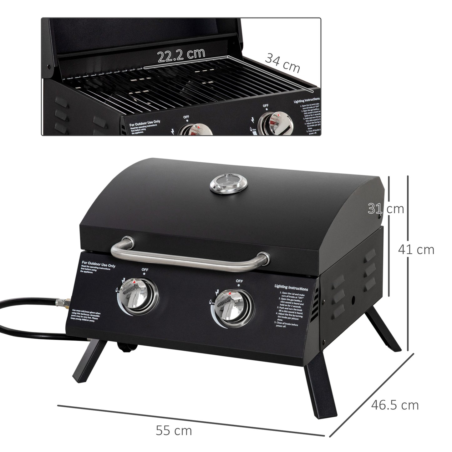 2 Burner Gas BBQ Grill, 5.8 kW Outdoor Portable Folding Tabletop Barbecue w/ Lid, Thermometer, Carbon Steel, Black