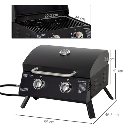 2 Burner Gas BBQ Grill, 5.8 kW Outdoor Portable Folding Tabletop Barbecue w/ Lid, Thermometer, Carbon Steel, Black