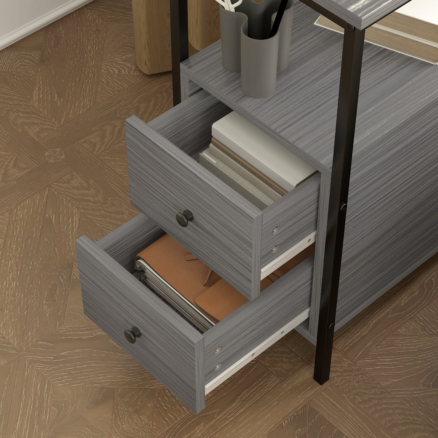 Side Table, Narrow Bedside Table with 2 Drawers and Storage Shelf, Industrial End Table with Metal Frame for Small Spaces