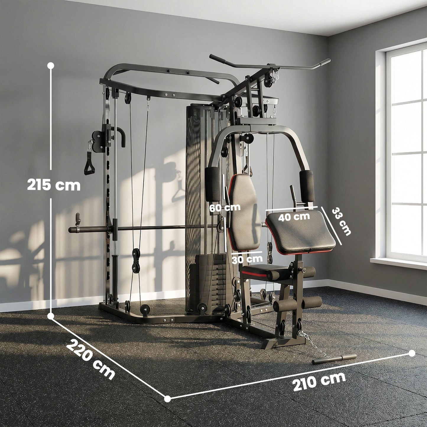 Home Multi Gym Smith Machine with 65kg Weight Stack, Cable Pulley System, Chest Station, Preacher Pad & Leg Developer