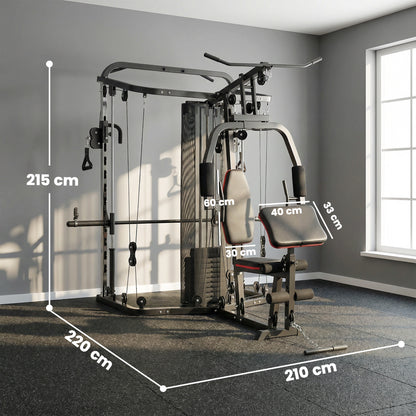 Home Multi Gym Smith Machine with 65kg Weight Stack, Cable Pulley System, Chest Station, Preacher Pad & Leg Developer