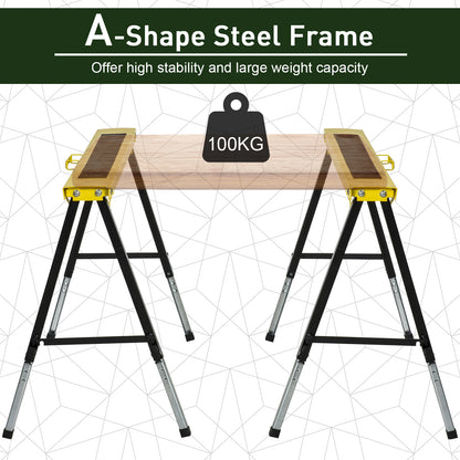 2PCS Saw Horse Twin Pack Folding Workbench Adjustable Metal Trestle Stands with Non-slip EVA Surface for Sawing Work Max Load