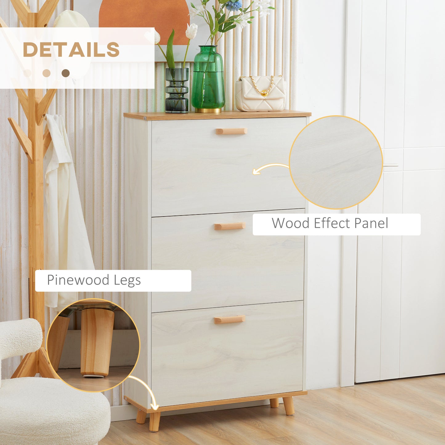 Narrow Shoe Cabinet, Slim Shoe Storage Cabinet with 3 Flip Drawers and Adjustable Shelves