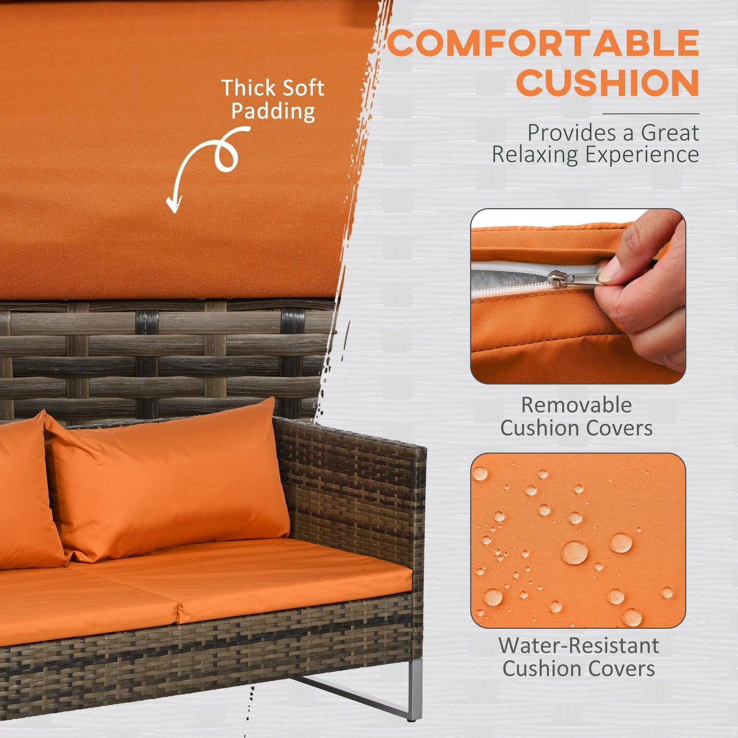 4 Piece Rattan Garden Furniture Set, Outdoor Corner Sofa Set with Storage Table, Loveseats, Cushions - Orange