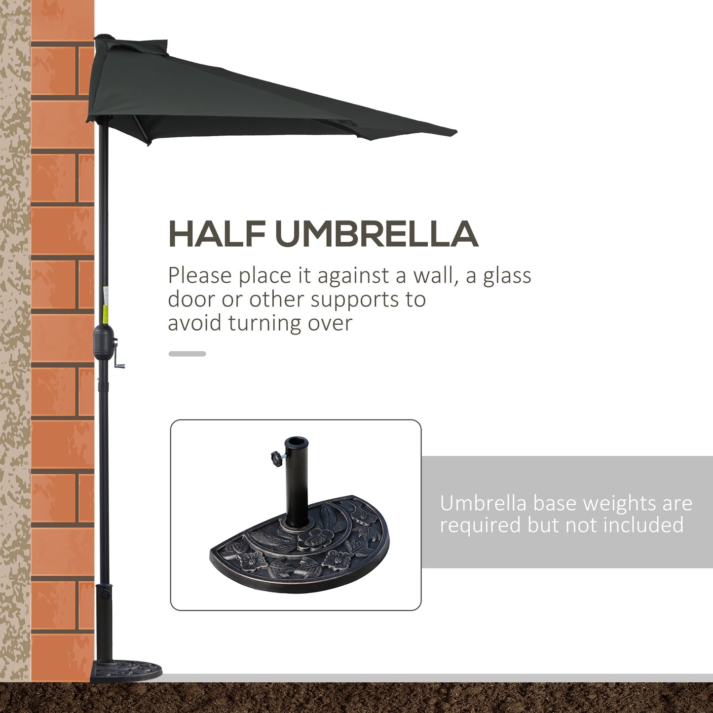 3(m) Half Parasol, Semi Round Umbrella with Metal Frame, Crank Handle for Balcony, Garden, Black