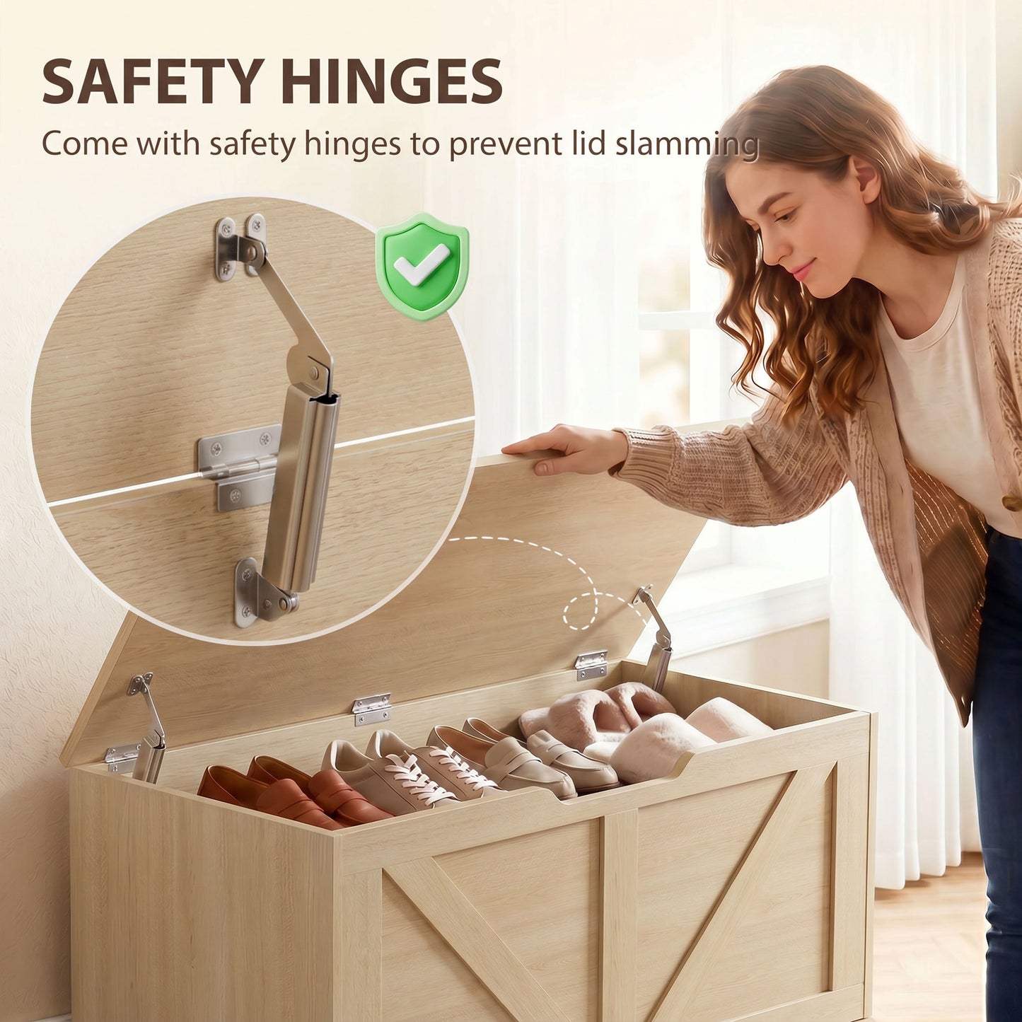 127L Home Storage Box, with Safety Hinges - Nature Wood Finish