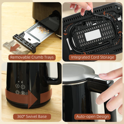 Polished Stainless Steel Kettle and Toaster Set - Black