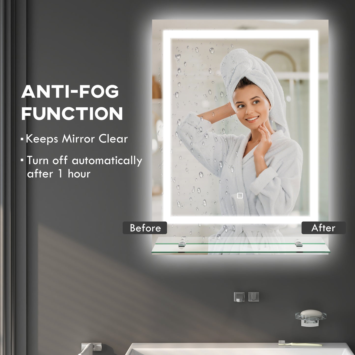 Large Vanity Mirror with Lights and Shelf, Illuminated bathroom Mirror with 3 Colour Brightness, Smart Touch, Anti-Fog