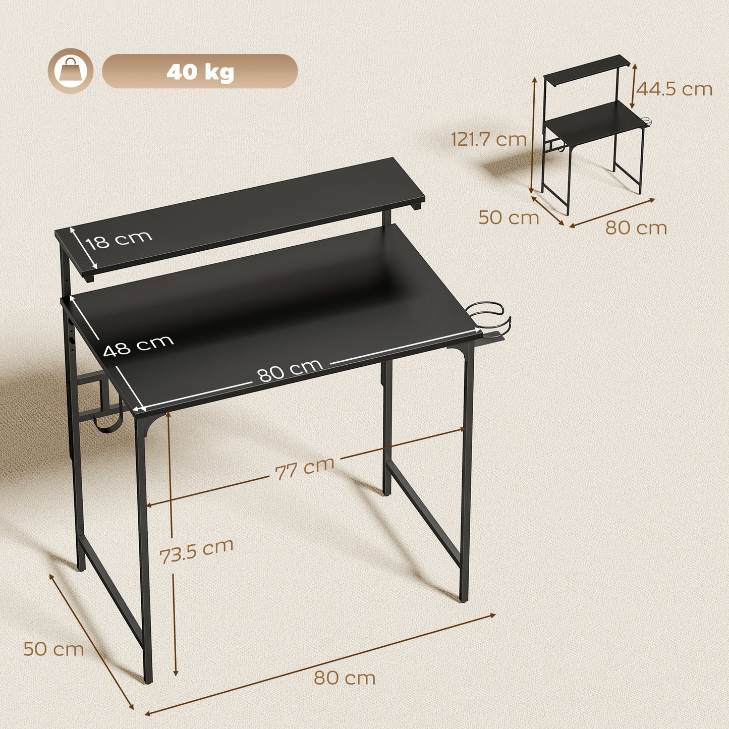 Computer Desk, 80cm Home Office Study Table with Hutch Shelf, Cup Holder, Headphone Hook, Black