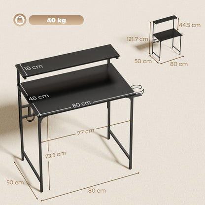 Computer Desk, 80cm Home Office Study Table with Hutch Shelf, Cup Holder, Headphone Hook, Black