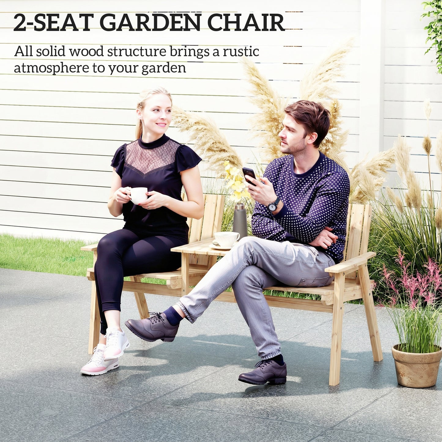 2-Seater Garden Loveseat with Table and Parasol Hole for Porch, Patio, Natural Wood Finish
