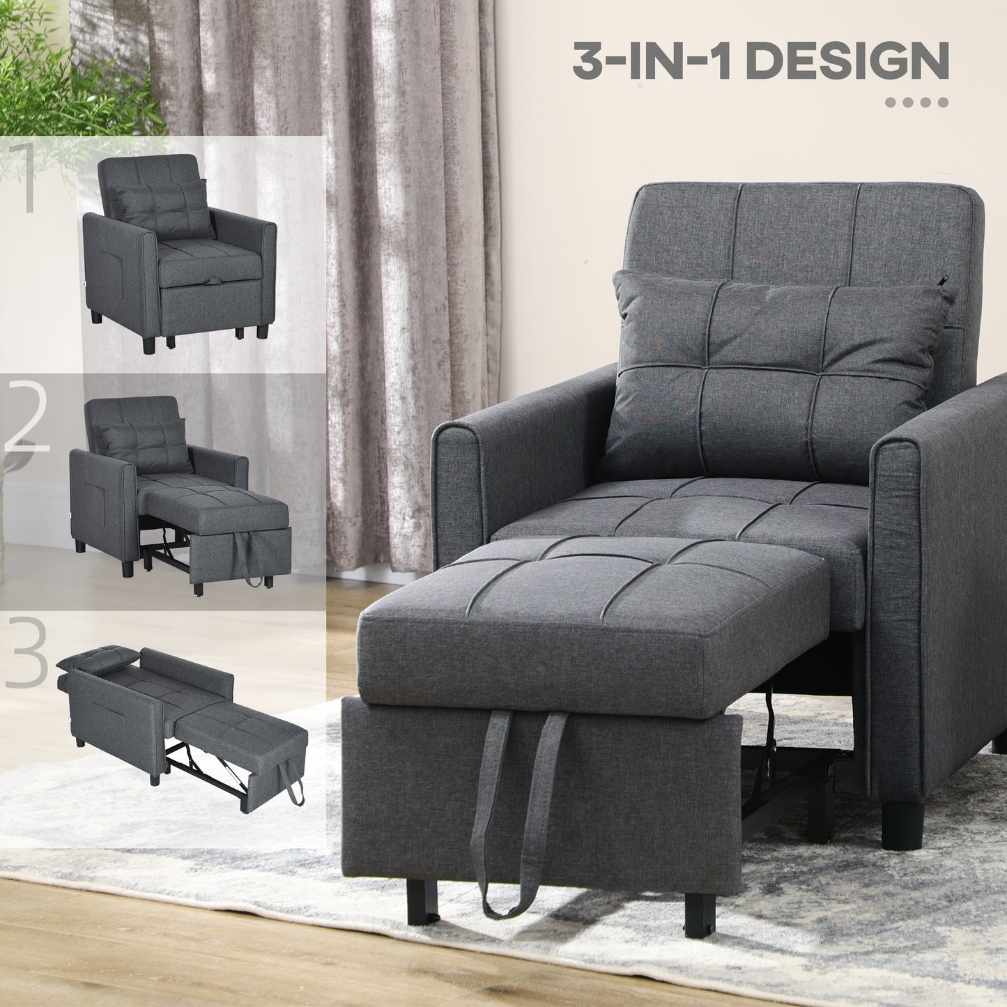 3-In-1 Linen-Look Single Chair Bed with Adjustable Back & Eucalyptus Wood Sofa Frame - Grey