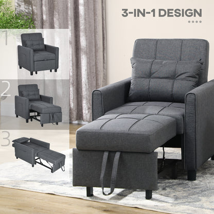3-In-1 Linen-Look Single Chair Bed with Adjustable Back & Eucalyptus Wood Sofa Frame - Grey