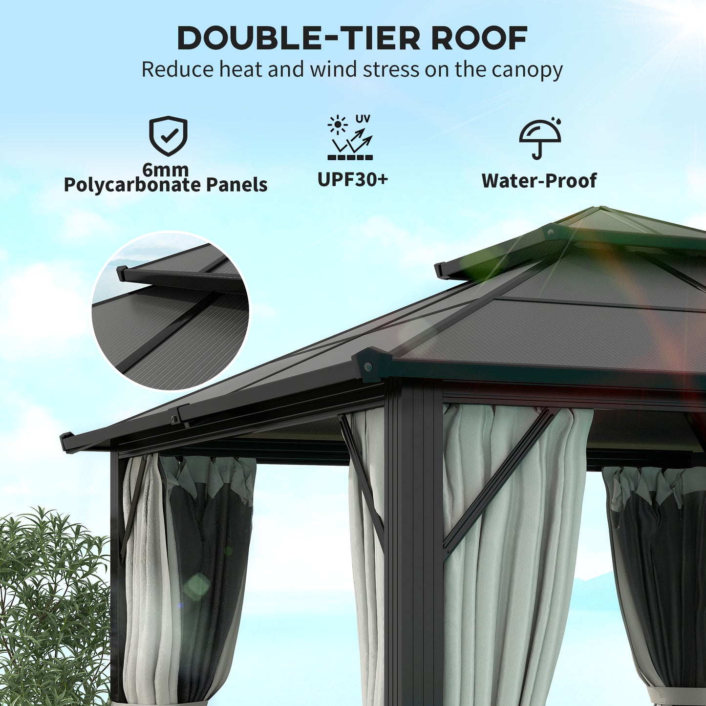 3 x 3(m) Hardtop Gazebo Canopy with UPF30+ Double Polycarbonate Roof, Aluminium Frame Garden Gazebo Permanent Pavilion