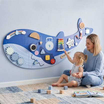 Whale Activity Wall Busy Board, 13 in 1 Montessori Inspired Sensory Wall Panel for Playroom Nursery Boys Girls 2+, Blue