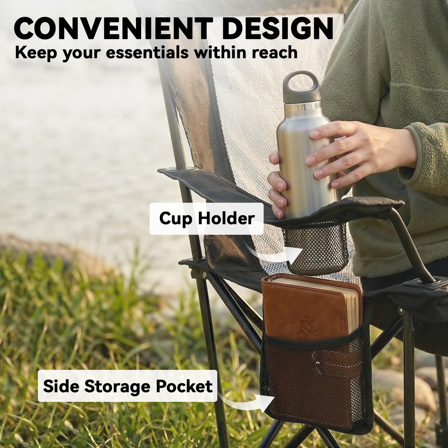 Camping Chair Reclining Portable Camp Chair with Detachable Footrest Cup Holder Black