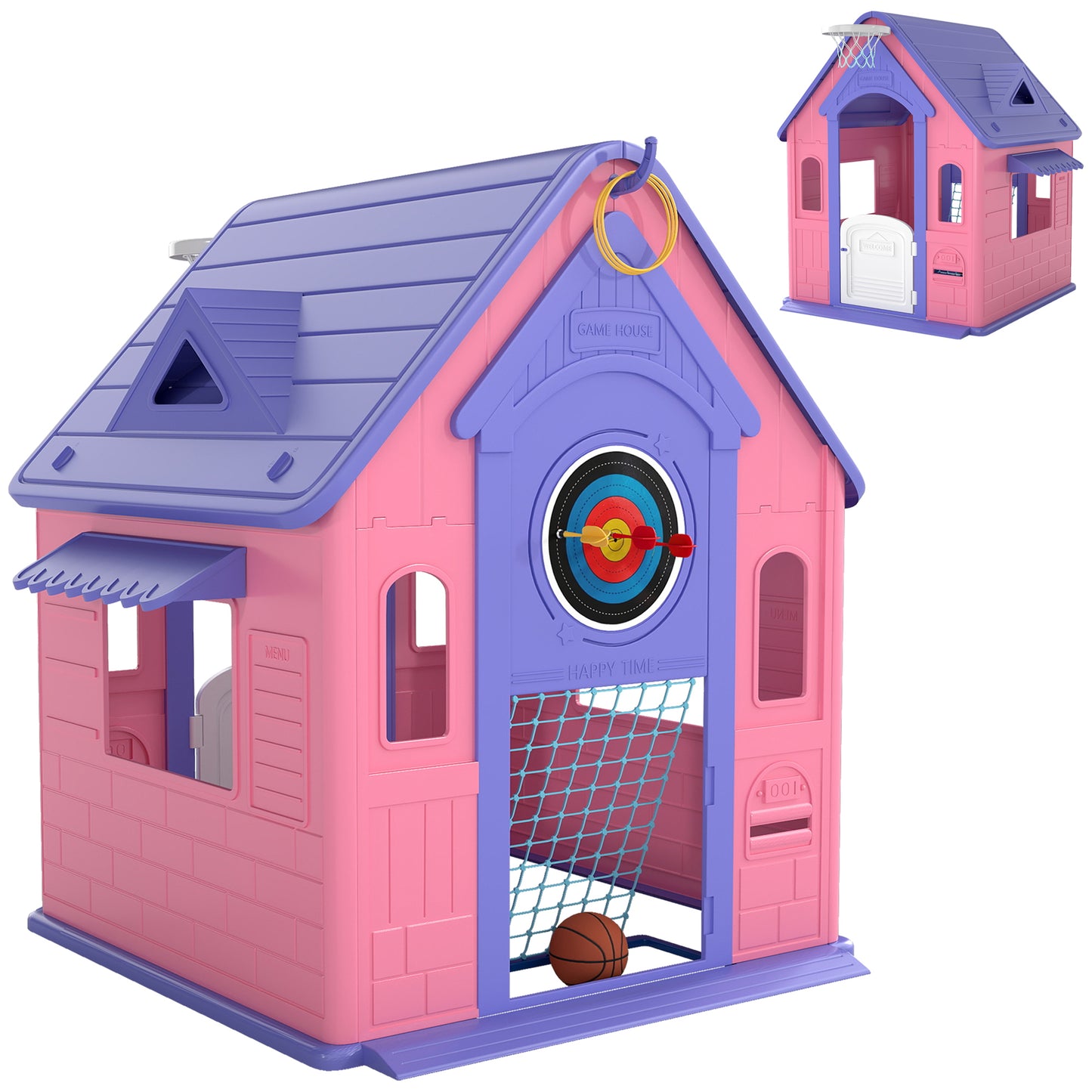 5-in-1 Playhouse for Kids Outdoor Indoor with Basketball Hoop, Football Goal, Dartboard, Ring Toss for 2-5 Years, Pink