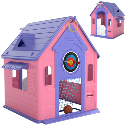 5-in-1 Playhouse for Kids Outdoor Indoor with Basketball Hoop, Football Goal, Dartboard, Ring Toss for 2-5 Years, Pink