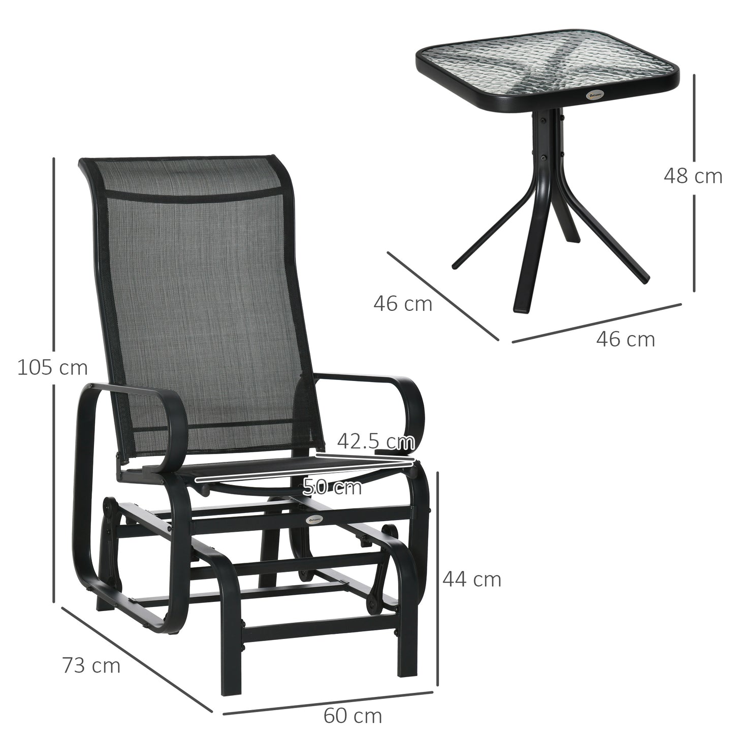 3 Pieces Garden Gliding Chair Set, Metal Frame 2 Single Armchair Swing Seater and 1 Glass Top Coffee Table w/ Breath Mesh Fab