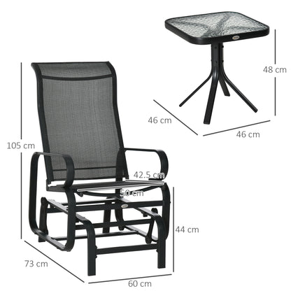 3 Pieces Garden Gliding Chair Set, Metal Frame 2 Single Armchair Swing Seater and 1 Glass Top Coffee Table w/ Breath Mesh Fab