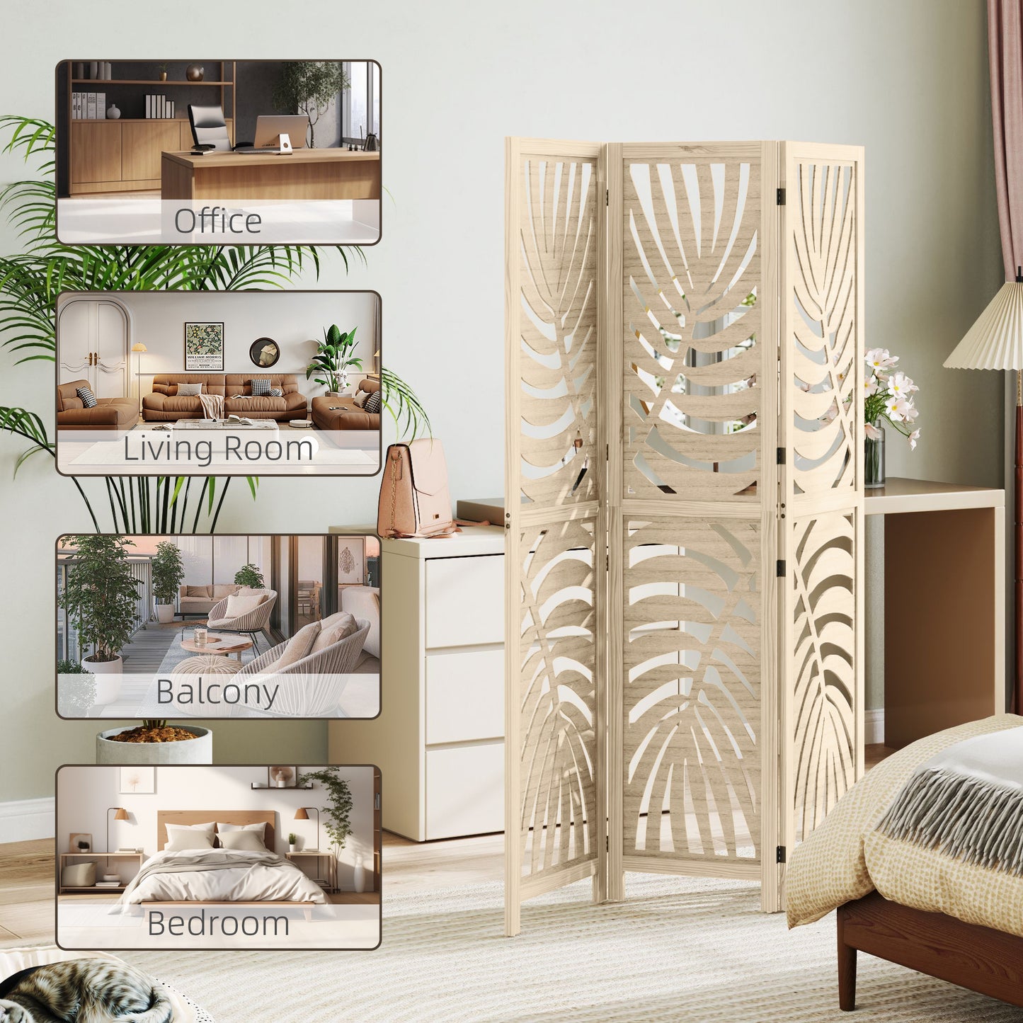 3 Panel Room Divider, Detachable Folding Privacy Screens with Palm Leaf Design for Home Office, Natural Wood Finish