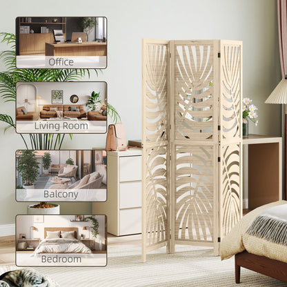 3 Panel Room Divider, Detachable Folding Privacy Screens with Palm Leaf Design for Home Office, Natural Wood Finish