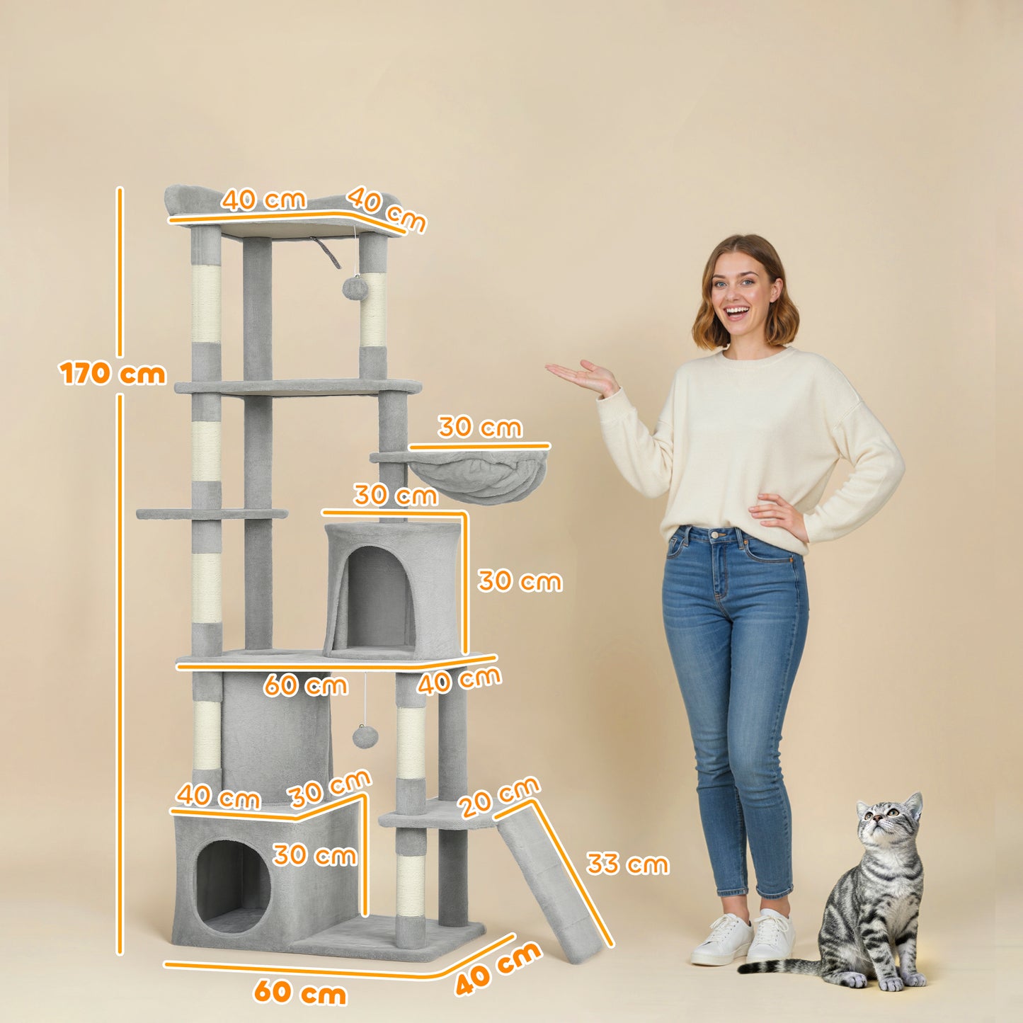 170 cm Large Cat Tree, Cat Tower with 7 Scratching Posts, 2 Condos, Hammock, Light Grey