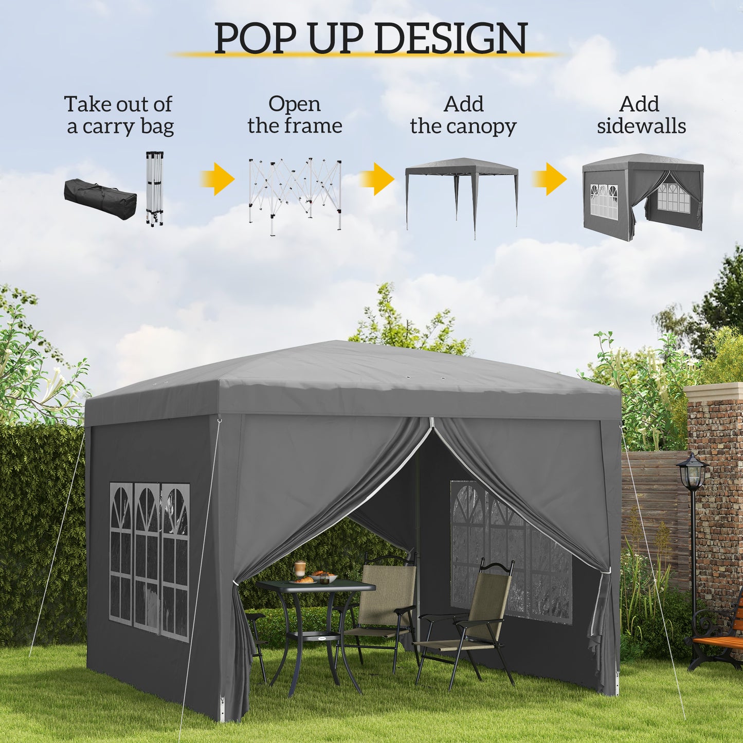 3x3(m) Pop-Up Gazebo, with Curtain Walls and Windows, Grey