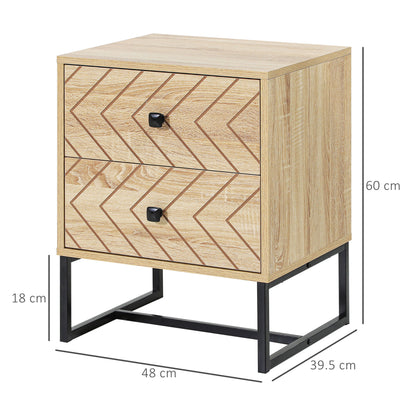 Bedside Table Nightstand Two-Drawer Bedroom Storage Unit Zig Zag Design with Black Metal Handles, Natural