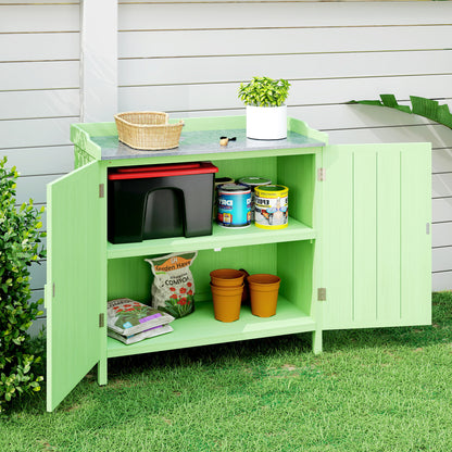 Wood Garden Storage Cabinet, Outdoor Tool Shed, Potting Bench Table with galvanised Top and Two Shelves for garden Tools or P