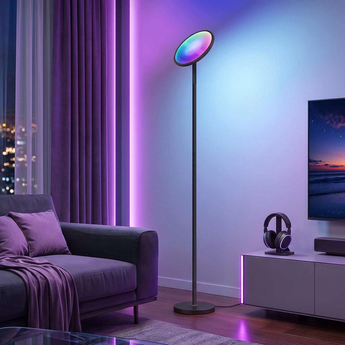 Uplighter Floor Lamp with Tuya App and Music Sync, Standing Lamp with Adjustable Head for Living Room Bedroom, Black