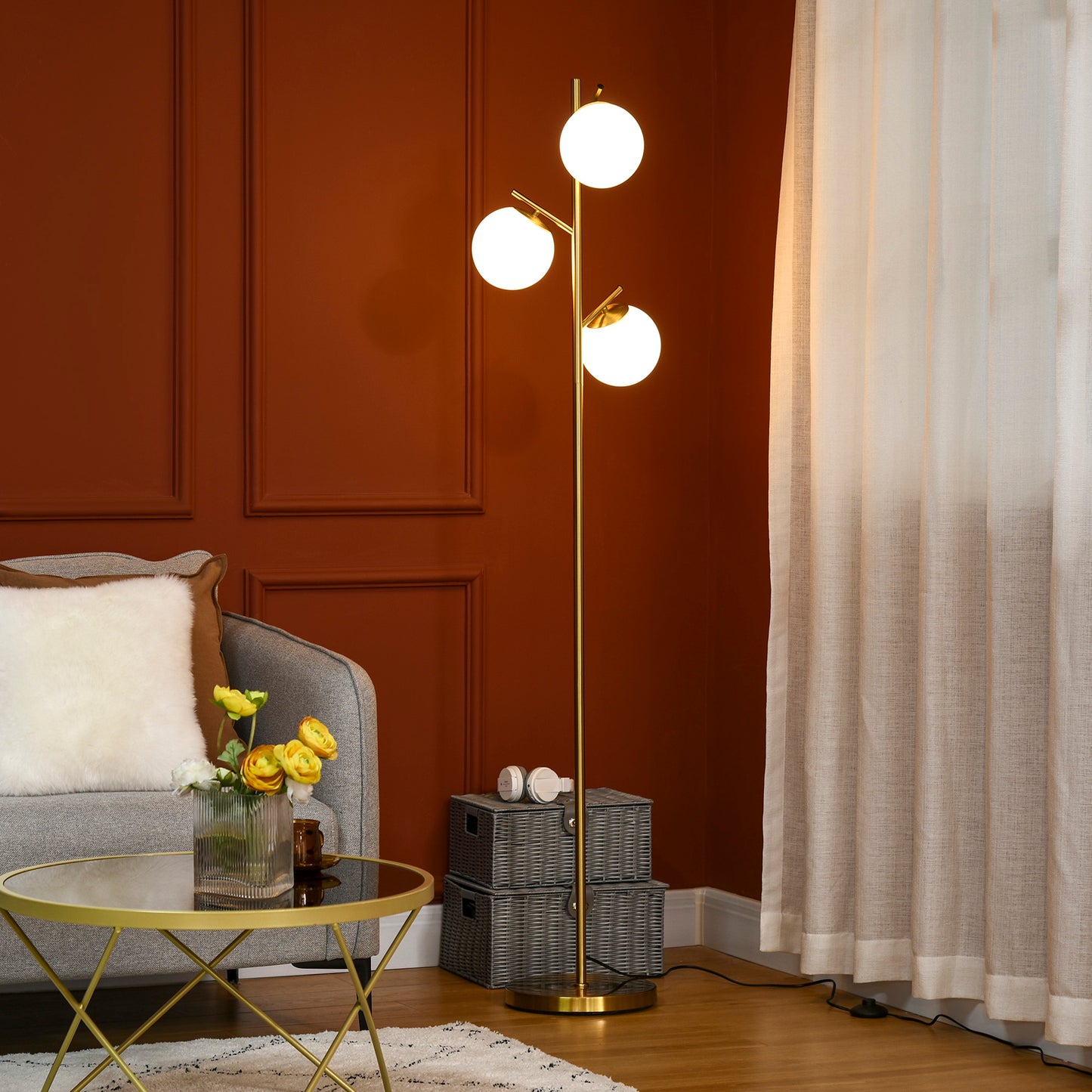 3-Light Tree Floor Lamps for Living Room, Modern Standing Lamp for Bedroom with Globe Lampshade, Steel Base