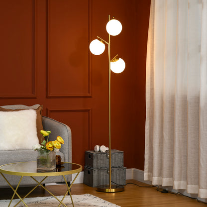3-Light Tree Floor Lamps for Living Room, Modern Standing Lamp for Bedroom with Globe Lampshade, Steel Base