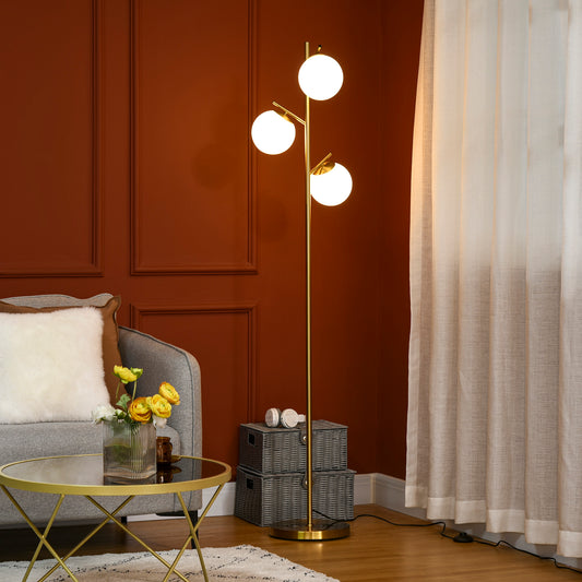 3-Light Tree Floor Lamps for Living Room, Modern Standing Lamp for Bedroom with Globe Lampshade, Steel Base