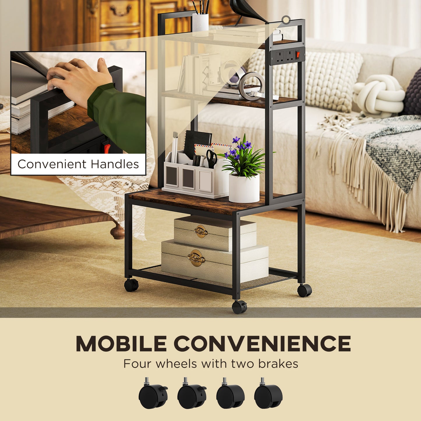 4-Tier Printer Stand with Power Outlets and Wheels - Rustic Brown